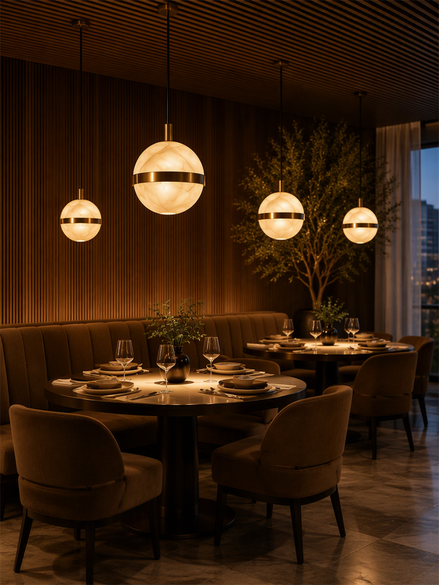 Warmly lit restaurant dining room with round tables and glowing pendant lights