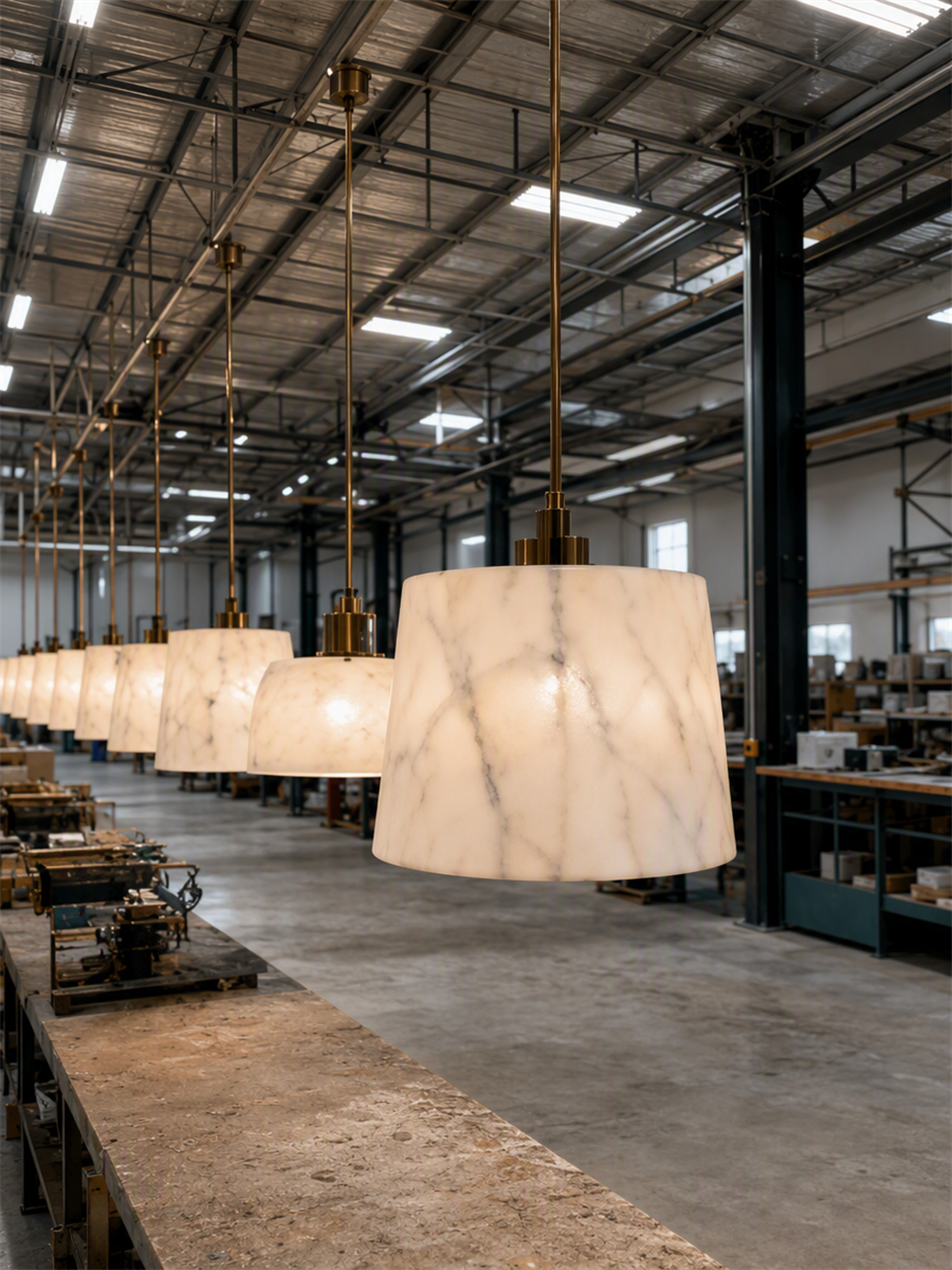 Marble-effect pendant lights hanging in a row on a lighting factory production floor