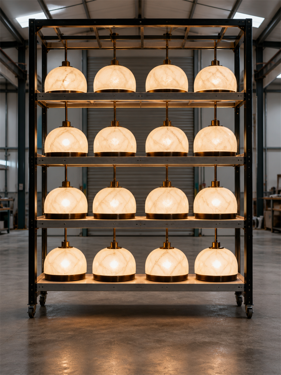 Ready-stock pendant lights arranged on a shelving rack in the warehouse