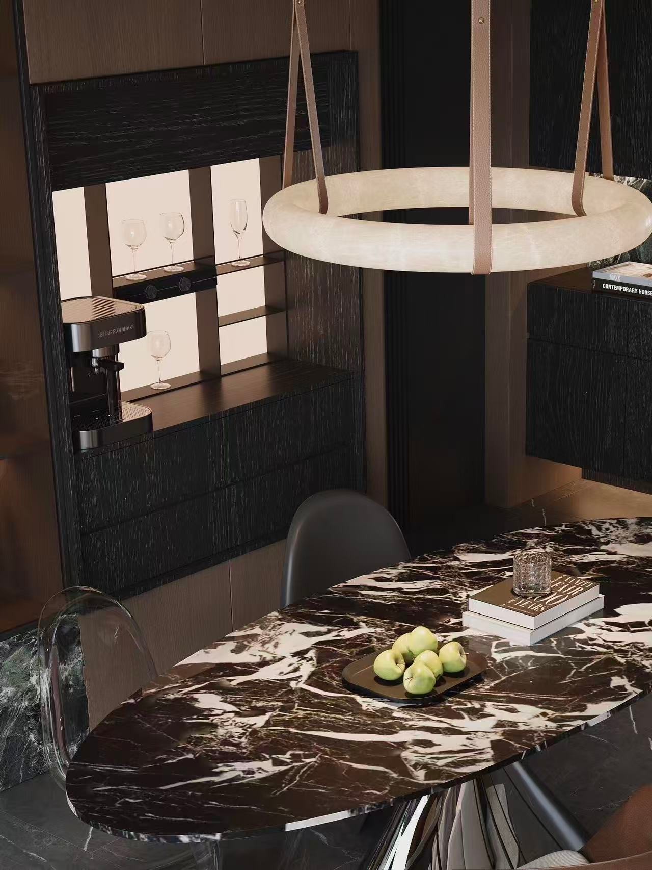Marble pendant lighting installed in a hospitality interior
