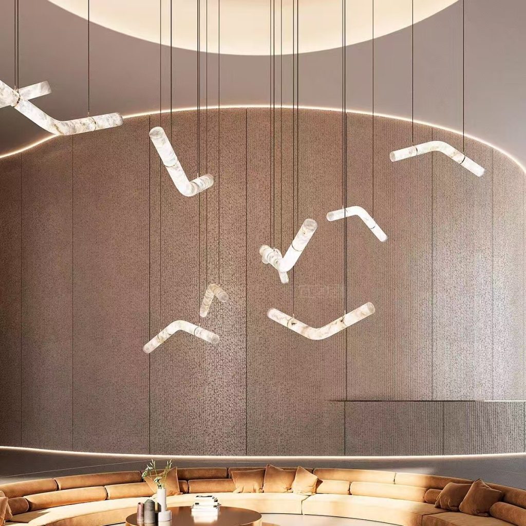 Illuminated marble pendant light detail showing light distribution