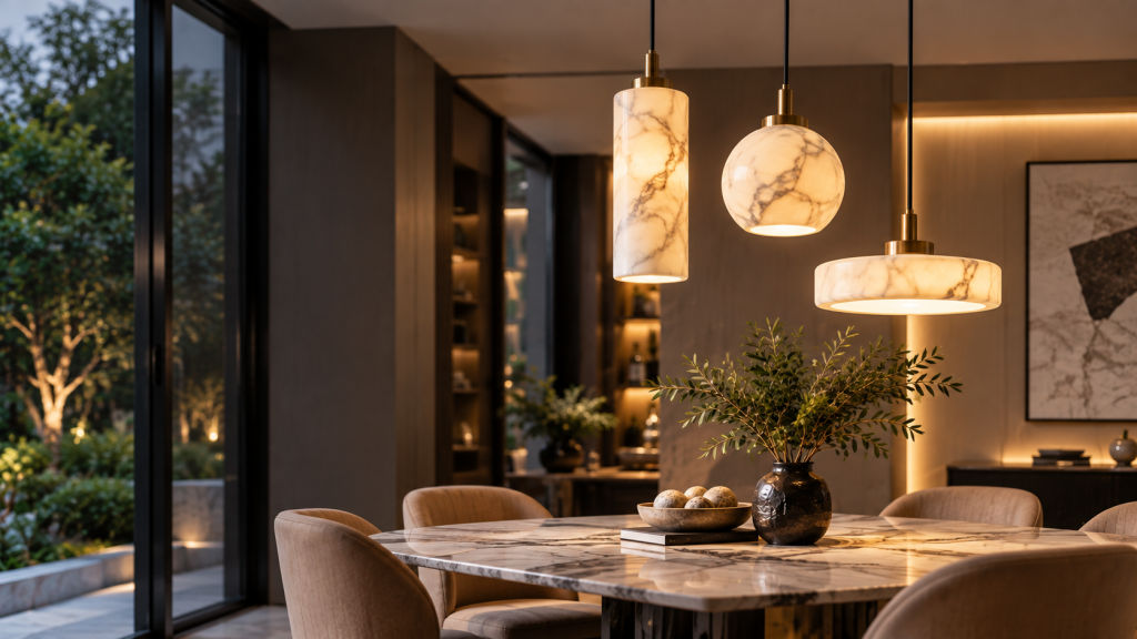 Residential interior with marble lighting at dusk